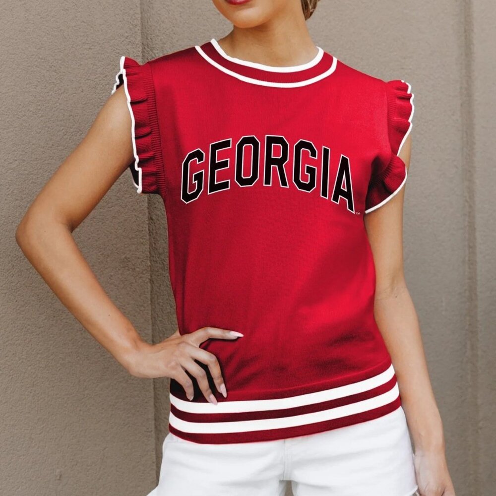 NEW - GAME DAY COUTURE - GEORGIA - RUFFLE CAP SLEEVE SWEATER - SMALL